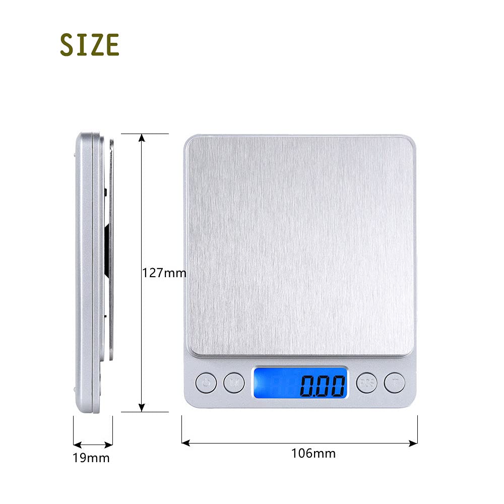 Small Digital Scale,3kg/0.1g,Kitchen Scale,Food Scale,with Blue Backlit LCD Display, 6 Units, Auto Off, Tare, PCS Function, Stainless Steel, Battery Included,Soft Tape Included(150cm)