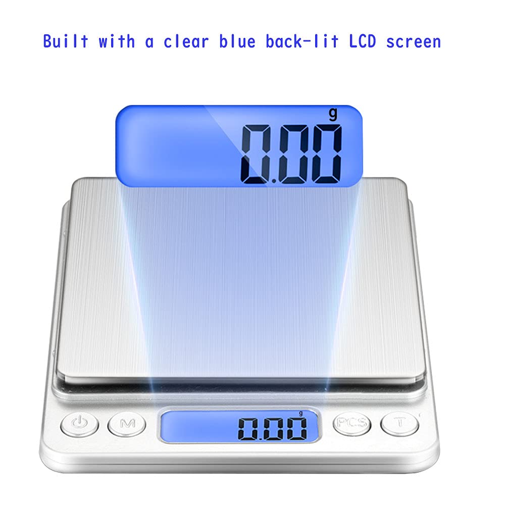 Small Digital Scale,3kg/0.1g,Kitchen Scale,Food Scale,with Blue Backlit LCD Display, 6 Units, Auto Off, Tare, PCS Function, Stainless Steel, Battery Included,Soft Tape Included(150cm)