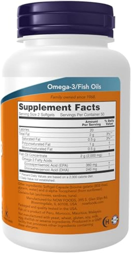 NOW Supplements, Omega-3 180 EPA / 120 DHA, Molecularly Distilled, Cardiovascular Support*, 100 Softgels
