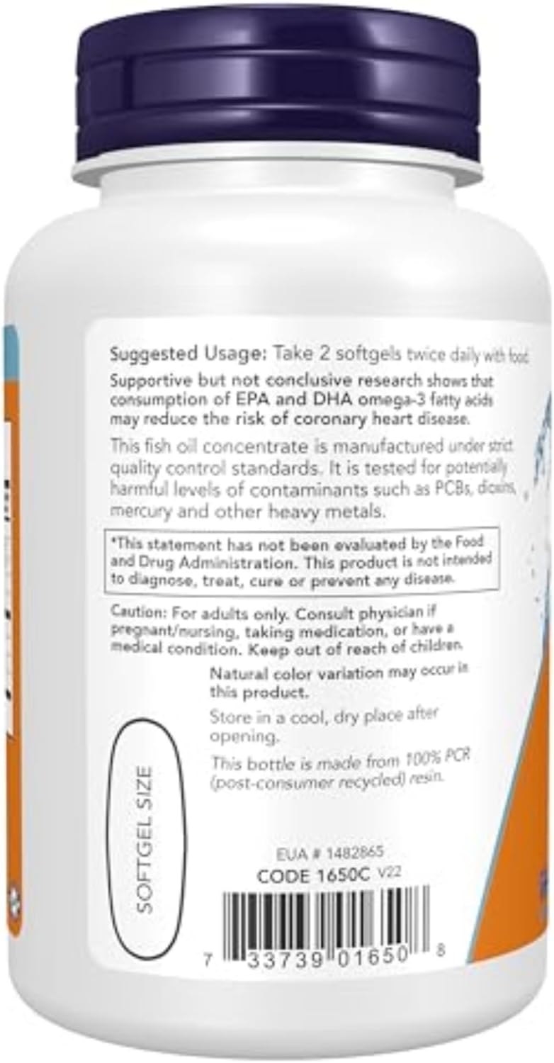 NOW Supplements, Omega-3 180 EPA / 120 DHA, Molecularly Distilled, Cardiovascular Support*, 100 Softgels
