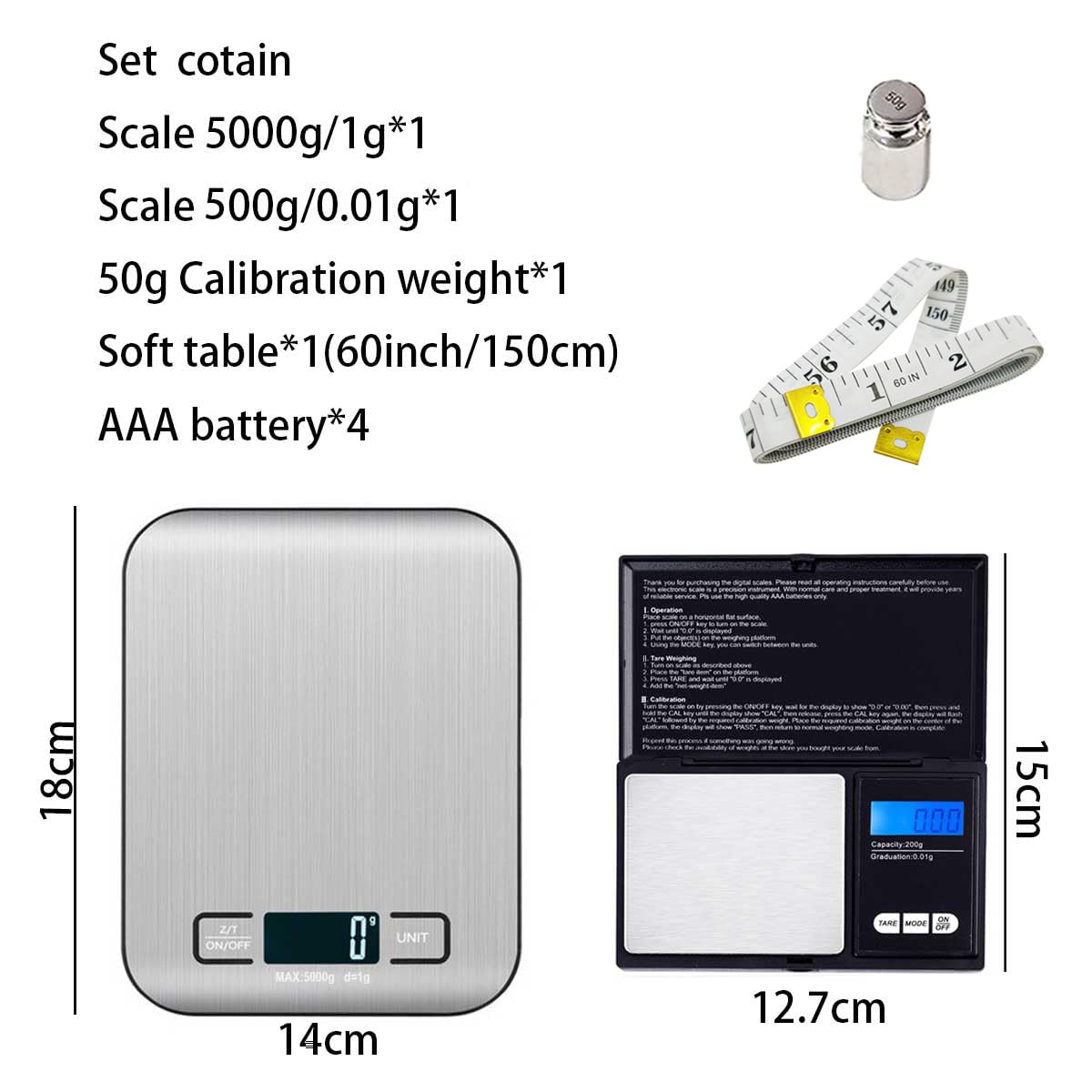Small Digital Scale,3kg/0.1g,Kitchen Scale,Food Scale,with Blue Backlit LCD Display, 6 Units, Auto Off, Tare, PCS Function, Stainless Steel, Battery Included,Soft Tape Included(150cm)