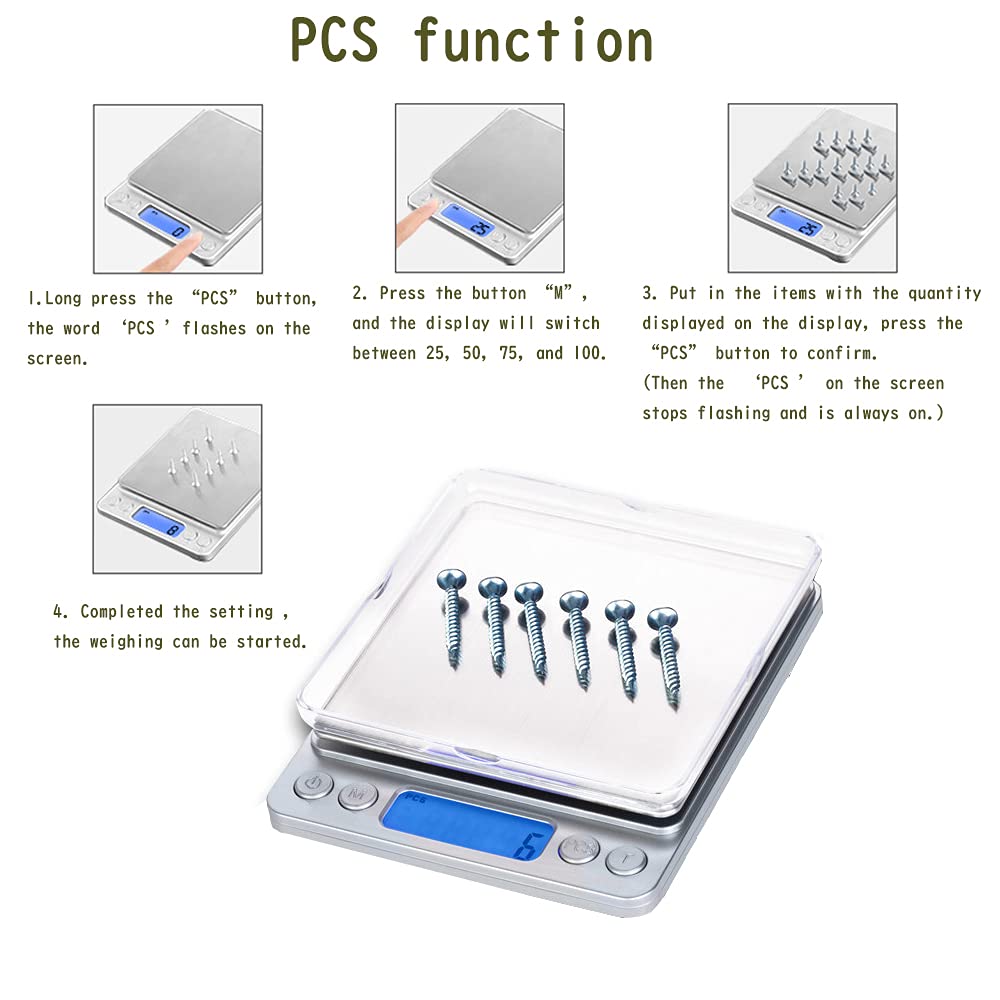 Small Digital Scale,3kg/0.1g,Kitchen Scale,Food Scale,with Blue Backlit LCD Display, 6 Units, Auto Off, Tare, PCS Function, Stainless Steel, Battery Included,Soft Tape Included(150cm)