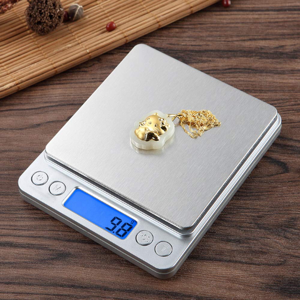Small Digital Scale,3kg/0.1g,Kitchen Scale,Food Scale,with Blue Backlit LCD Display, 6 Units, Auto Off, Tare, PCS Function, Stainless Steel, Battery Included,Soft Tape Included(150cm)