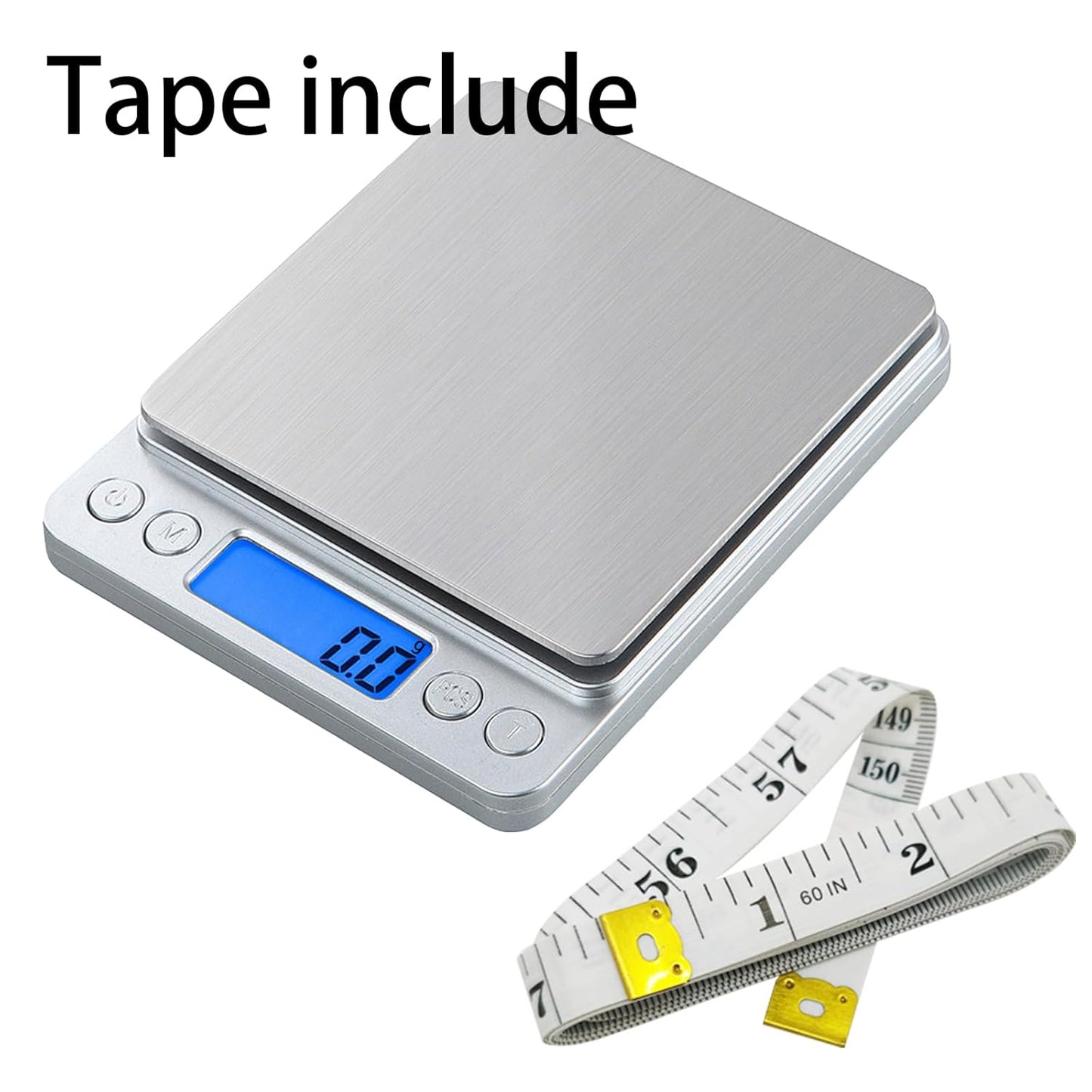 Small Digital Scale,3kg/0.1g,Kitchen Scale,Food Scale,with Blue Backlit LCD Display, 6 Units, Auto Off, Tare, PCS Function, Stainless Steel, Battery Included,Soft Tape Included(150cm)