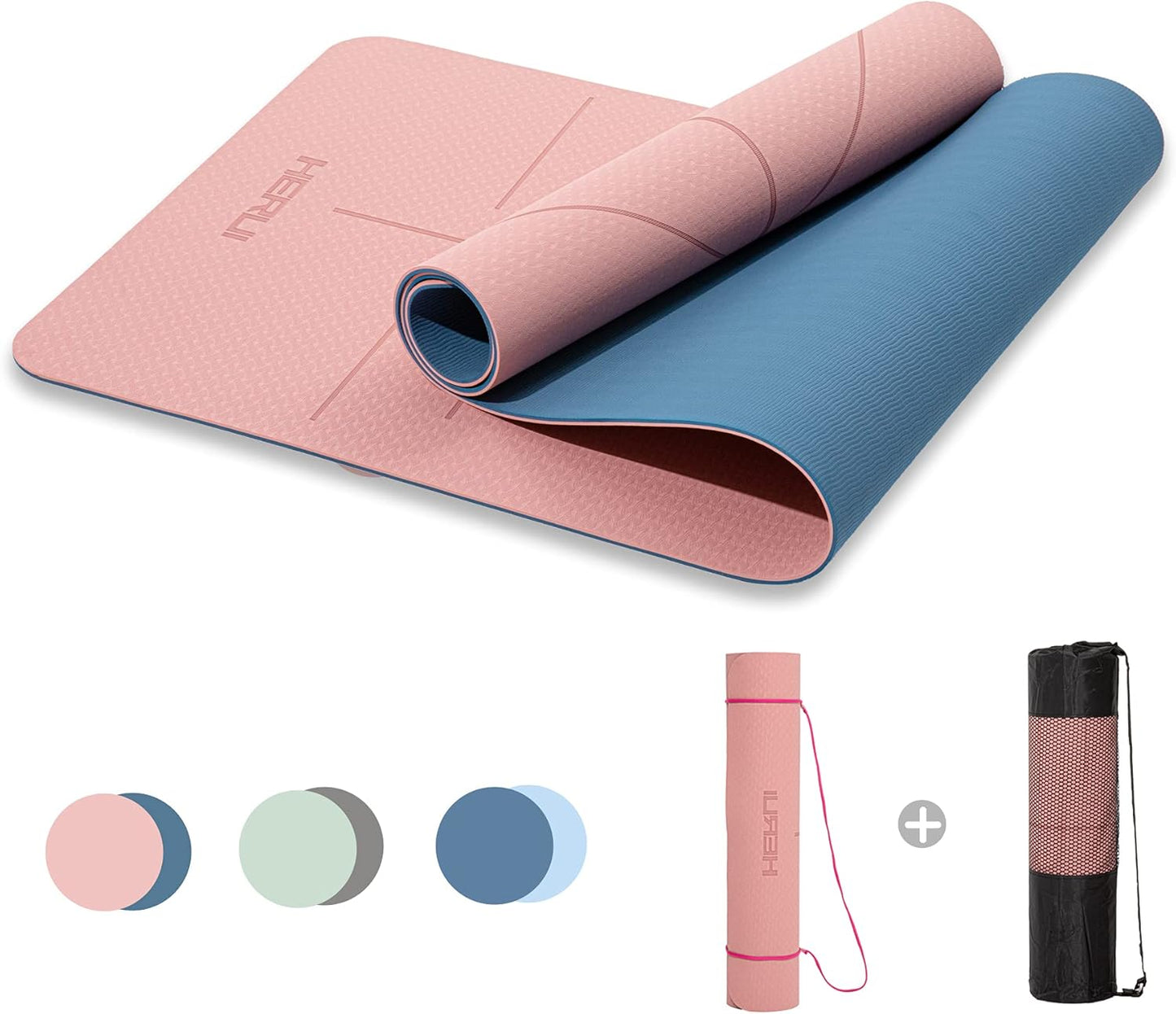 HERUI Yoga Mat Alignment Lines Anti-Slip Exercise Mat with Carrying Bag Fitness Mat for Pilates 72"L x 24"W x 0.24” Thickness for Woman Man Beginners