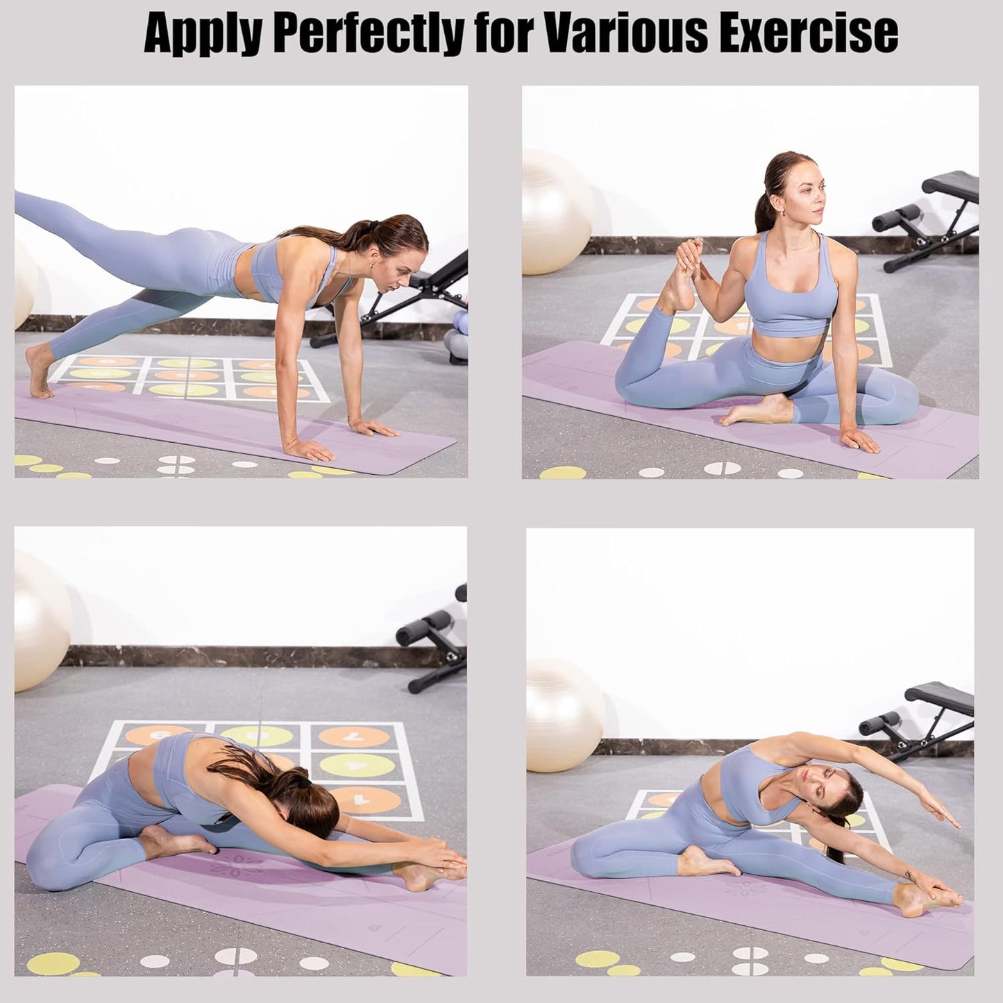 HERUI Yoga Mat Alignment Lines Anti-Slip Exercise Mat with Carrying Bag Fitness Mat for Pilates 72"L x 24"W x 0.24” Thickness for Woman Man Beginners