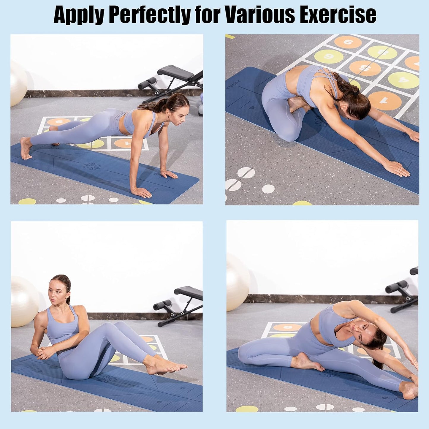 HERUI Yoga Mat Alignment Lines Anti-Slip Exercise Mat with Carrying Bag Fitness Mat for Pilates 72"L x 24"W x 0.24” Thickness for Woman Man Beginners