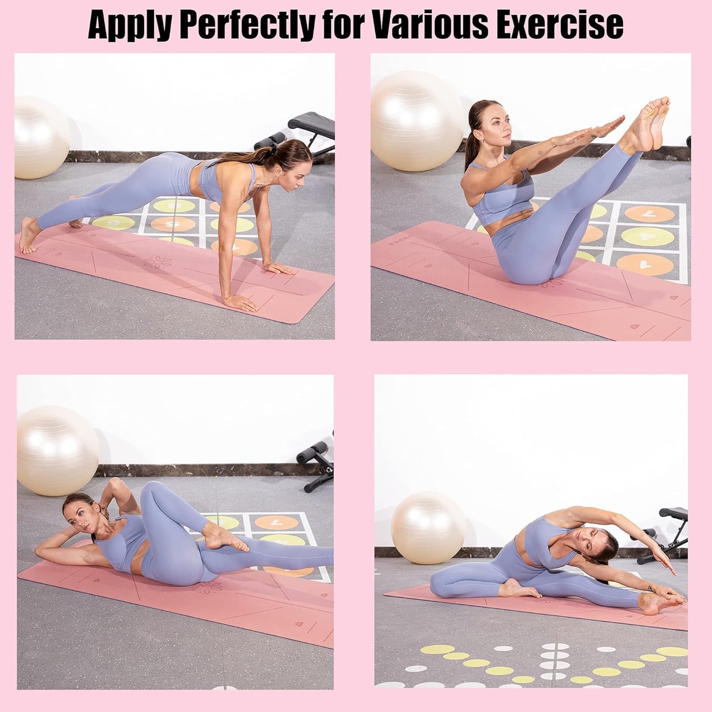 HERUI Yoga Mat Alignment Lines Anti-Slip Exercise Mat with Carrying Bag Fitness Mat for Pilates 72"L x 24"W x 0.24” Thickness for Woman Man Beginners