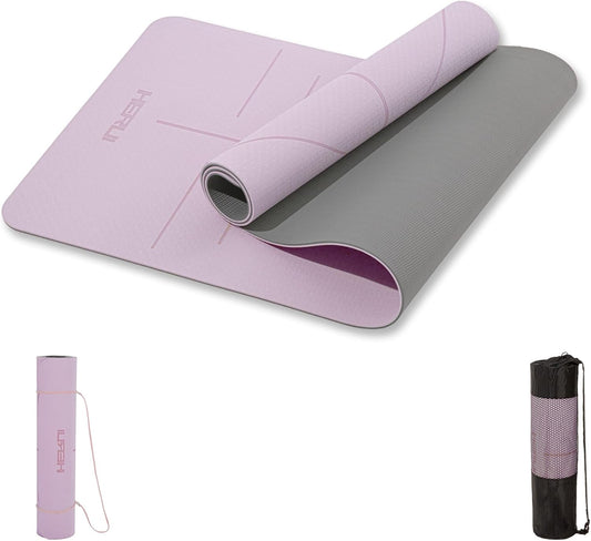 HERUI Yoga Mat Alignment Lines Anti-Slip Exercise Mat with Carrying Bag Fitness Mat for Pilates 72"L x 24"W x 0.24” Thickness for Woman Man Beginners