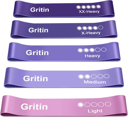 Gritin Resistance Bands, [Set of 5] Skin-Friendly Resistance Fitness Exercise Loop Bands with 5 Different Resistance Levels - Carrying Case Included - Ideal for Home, Gym, Yoga, Training