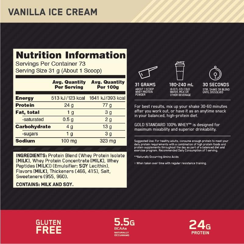OPTIMUM NUTRITION Gold Standard 100% Whey Protein Powder, Vanilla Ice Cream, 2.27kg - [2024/2025 plastic neck band packaging may vary]