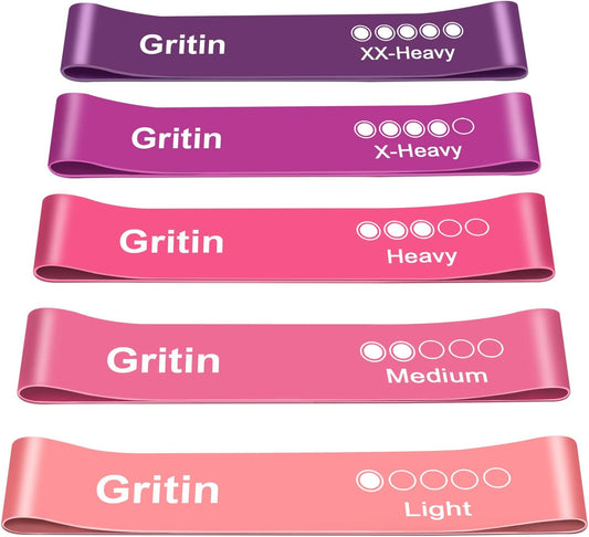Gritin Resistance Bands, [Set of 5] Skin-Friendly Resistance Fitness Exercise Loop Bands with 5 Different Resistance Levels - Carrying Case Included - Ideal for Home, Gym, Yoga, Training