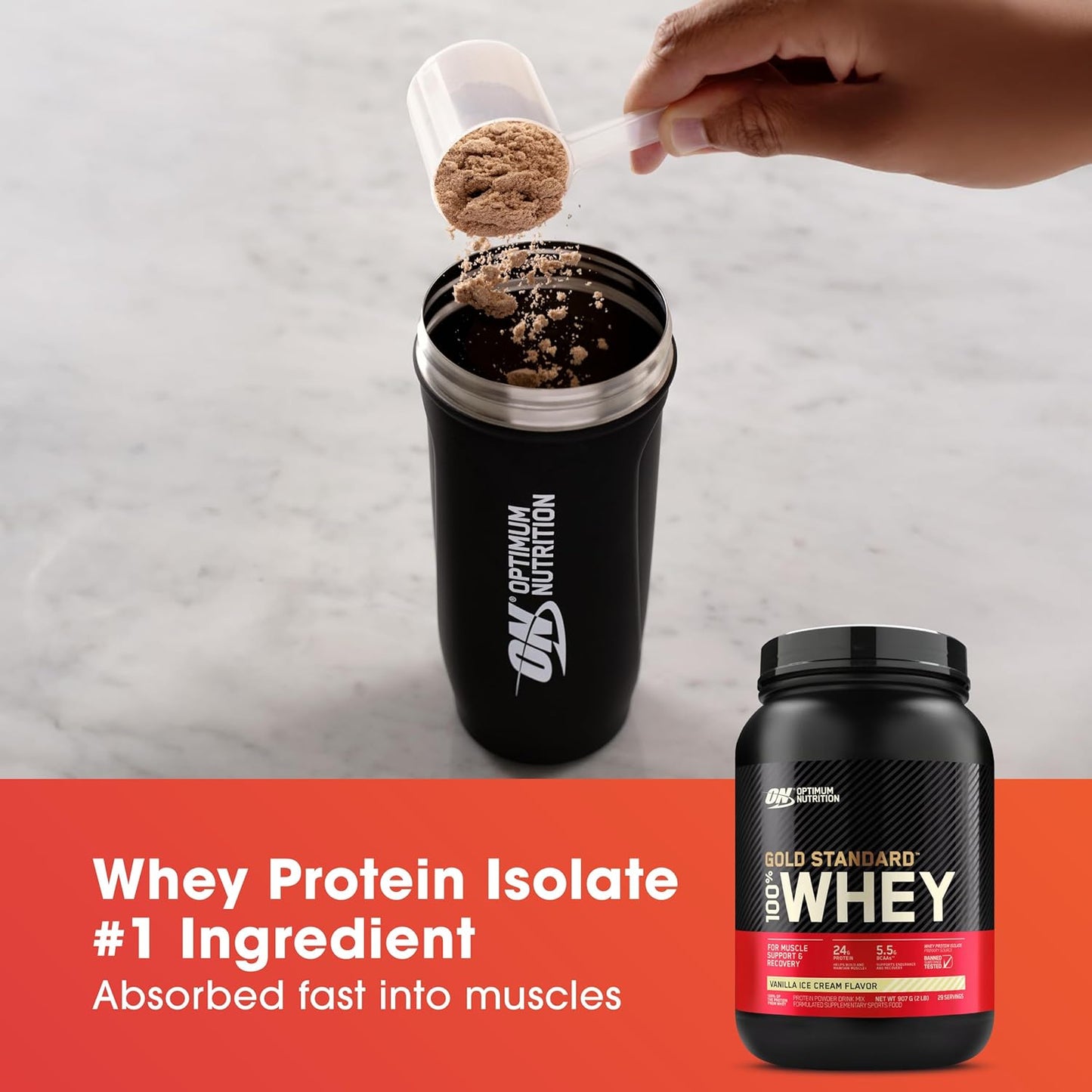 OPTIMUM NUTRITION Gold Standard 100% Whey Protein Powder, Vanilla Ice Cream, 2.27kg - [2024/2025 plastic neck band packaging may vary]