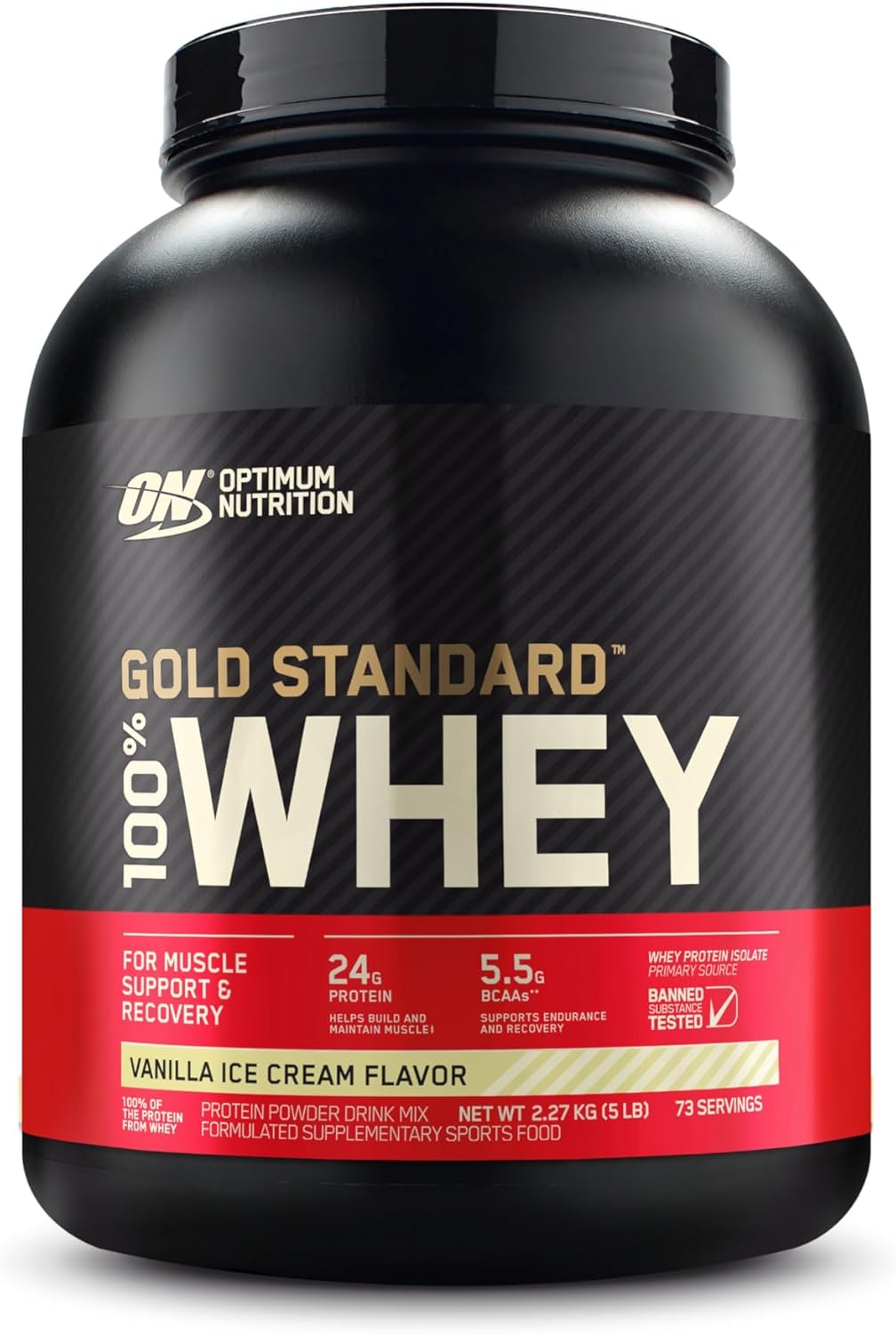 OPTIMUM NUTRITION Gold Standard 100% Whey Protein Powder, Vanilla Ice Cream, 2.27kg - [2024/2025 plastic neck band packaging may vary]