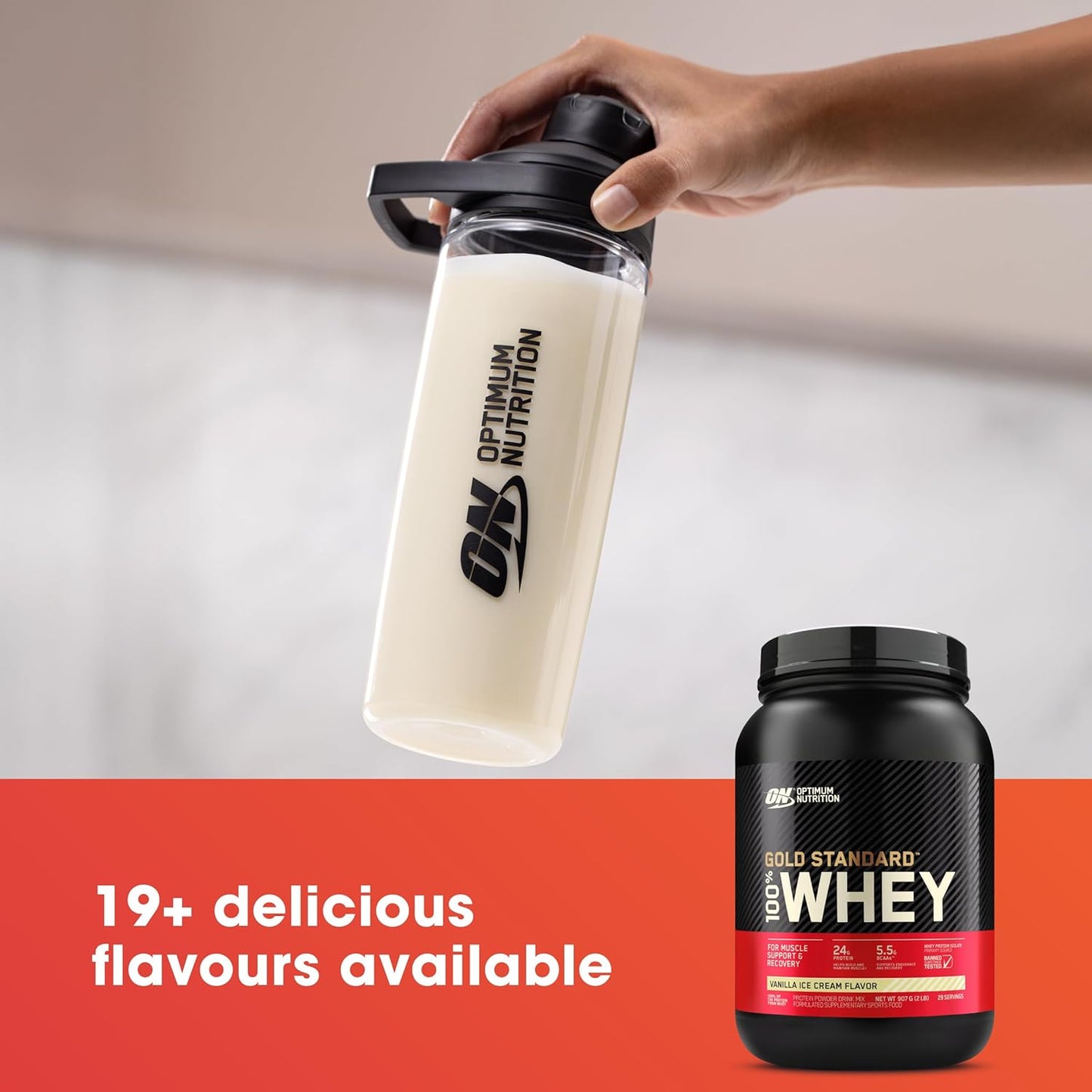 OPTIMUM NUTRITION Gold Standard 100% Whey Protein Powder, Vanilla Ice Cream, 2.27kg - [2024/2025 plastic neck band packaging may vary]