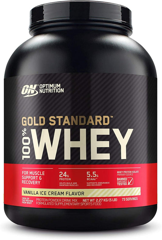 OPTIMUM NUTRITION Gold Standard 100% Whey Protein Powder, Vanilla Ice Cream, 2.27kg - [2024/2025 plastic neck band packaging may vary]