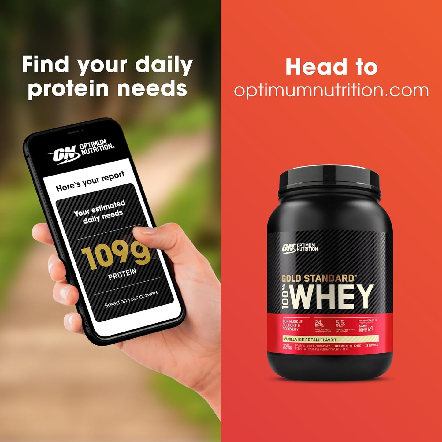 OPTIMUM NUTRITION Gold Standard 100% Whey Protein Powder, Vanilla Ice Cream, 2.27kg - [2024/2025 plastic neck band packaging may vary]