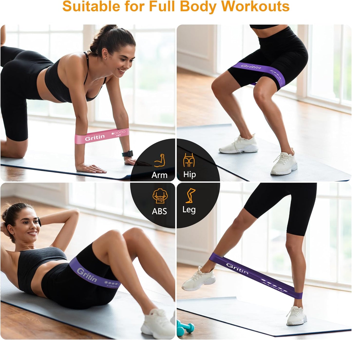 Gritin Resistance Bands, [Set of 5] Skin-Friendly Resistance Fitness Exercise Loop Bands with 5 Different Resistance Levels - Carrying Case Included - Ideal for Home, Gym, Yoga, Training