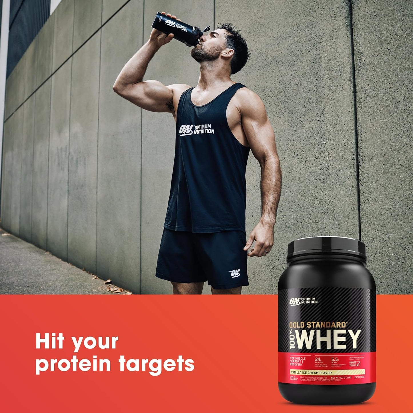 OPTIMUM NUTRITION Gold Standard 100% Whey Protein Powder, Vanilla Ice Cream, 2.27kg - [2024/2025 plastic neck band packaging may vary]